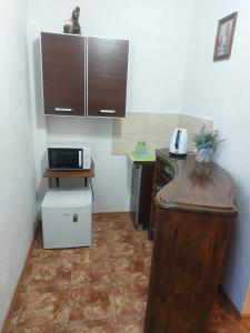 eine kleine Küche mit einer Spüle und einer Mikrowelle in der Unterkunft Zakątek na Krzywej in Mrągowo
