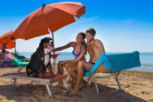 un gruppo di persone sedute su una spiaggia con un cane di Sovrana Hotel & SPA a Rimini