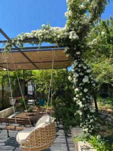 a swing hanging from a tree with white flowers at La Primavera in Anacapri