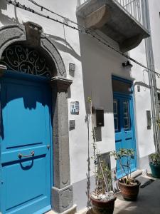 a blue door on a white building with potted plants at "la casa dell'architetto" con terrazza panoramica in centro storico e a due passi dal porto in Lipari