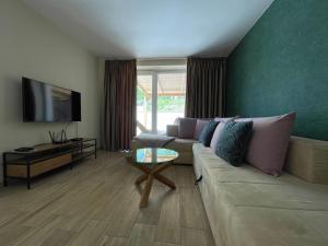 a living room with a couch and a tv at Totina Apartments in Závažná Poruba