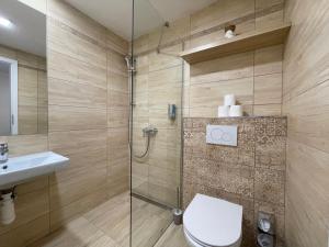 a bathroom with a shower and a toilet and a sink at Totina Apartments in Závažná Poruba