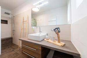 La salle de bains est pourvue d'un lavabo et d'un miroir. dans l'établissement Apartment Alexandra, à Gmunden