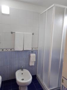 La salle de bains est pourvue d'une douche et de toilettes blanches. dans l'établissement B&B Riccioli D'oro, à Margherita di Savoia