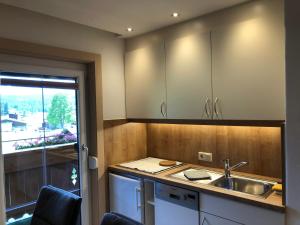 eine kleine Küche mit einem Waschbecken und einem Fenster in der Unterkunft Gästehaus Schönberg in Leutasch
