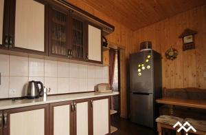 a kitchen with a stainless steel refrigerator and wooden walls at САДИБА та ЧАН "NA PAGORBI" in Yaremche