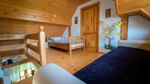 a bedroom with a bunk bed and a crib at Holiday House Pečišće in Skrad