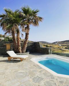 a swimming pool with a chair and palm trees at Efthymia Suites in Faros