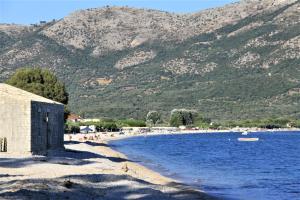 a group of people on a beach with mountains in the background at Asteri Apartments Mytikas 2-Bedroom Seaview Courtyard in Mitika