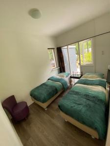 a bedroom with two beds and a window at Strandhuisje Ermerzand in Erm