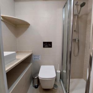 a small bathroom with a toilet and a shower at Manta Guest - Bed & Breakfast in Manta Rota +28 photos
