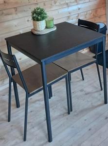 uma mesa preta e uma cadeira com um vaso de plantas em 't Zwientje em Ermelo