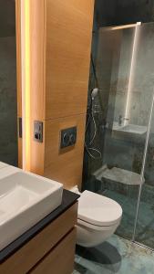 La salle de bains est pourvue de toilettes, d'un lavabo et d'une douche. dans l'établissement Kamel club restaurace a penzion, à Olomouc
