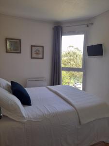 a bedroom with a large bed with a window at Appartement de standing avec Piscine in La Baule