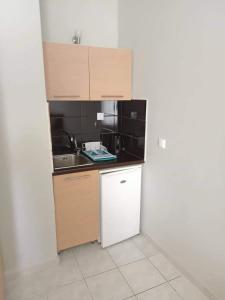 una piccola cucina con armadi in legno e lavandino di Nidri Bay Studios a Nydri