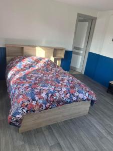 Un dormitorio con una cama con una manta de colores. en Gîte Lilou avec parking privé en Le Tréport