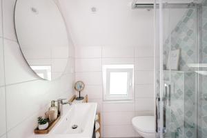 un bagno con lavandino, WC e specchio di Hygge House Bled a Bled Altre 44 foto