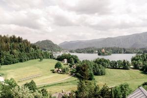 eine Luftansicht eines Hauses auf einem Hügel neben einem See in der Unterkunft Hygge House Bled in Bled