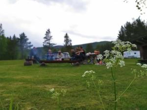 eine Gruppe von Menschen, die an einem Picknicktisch auf einem Feld sitzen in der Unterkunft Gresslifoss Camping in Gressli
