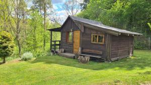 una pequeña cabaña de madera en medio de un patio en Domek pod lasem en Mikołajki
