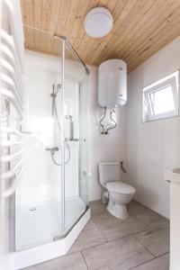 La salle de bains est pourvue d'une douche en verre et de toilettes. dans l'établissement Domki Aqua Holiday, à Pobierowo