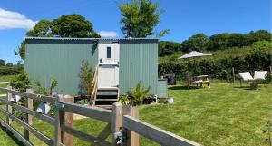 a green shed in a yard next to a fence at The Orchard Shepherds Hut in Axminster