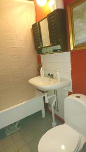 a bathroom with a white sink and a toilet at Cottage Halle-Hunneberg in Vargön