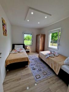 two beds in a room with two windows at Villa Eda in Bihać +30 photos