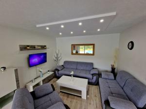 a living room with blue couches and a tv at Villa Eda in Bihać