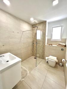 a bathroom with a shower and a toilet and a sink at Villa Michael in St Paul's Bay
