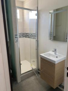 La salle de bains est pourvue d'une douche et d'un lavabo. dans l'établissement Le cosy, à Courseulles-sur-Mer