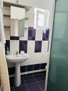 a bathroom with a sink and a mirror at Apartament de lux in Costinesti