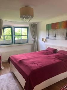 1 dormitorio con 1 cama grande con manta roja en Reetdachhaus Hasel 2, en Poseritz