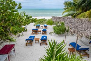 eine Gruppe von Stühlen und Stühlen am Strand in der Unterkunft Casa Mate BeachFront Cabañas El Cuyo in El Cuyo