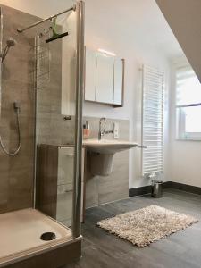 ein Bad mit einer Dusche und einem Waschbecken in der Unterkunft H&E Apartments in Steinheim
