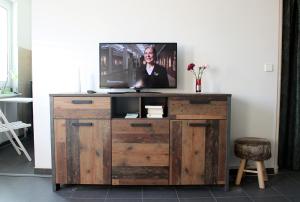 a tv sitting on top of a wooden entertainment center at FeWo Leipziger Neuseenland in Neukieritzsch