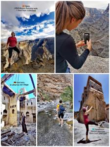 a collage of photos with a woman taking a picture at 228Hostel in Al Ḩamrāʼ