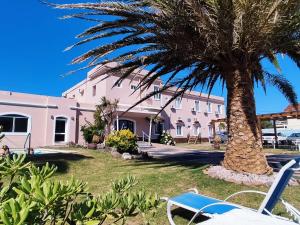 una palmera frente a un edificio rosa en Hotel Mesón Do Vento en Piriápolis