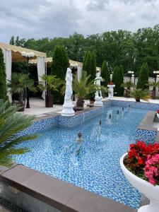 a swimming pool in a garden with people in it at Laura Holiday in Brăila