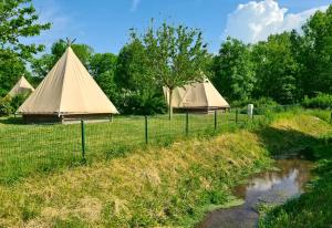 een groep tenten in een veld met een kreek bij Resort & Camping - Val de Braye in Bessé-sur-Braye