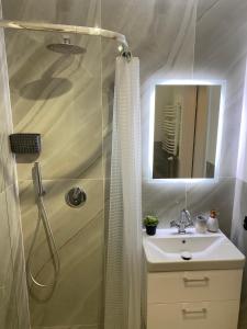 y baño con ducha y lavamanos. en Kawalerka premium B 30m2 - po remoncie - nowa! en Varsovia