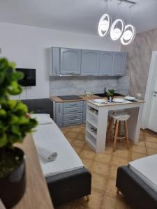 un soggiorno con cucina e tavolo di Studio Vlora a Vlorë Altre 27 foto