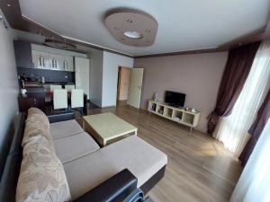Apartment А13 in Sea Paradise Complex في كافارنا: غرفة معيشة مع أريكة وتلفزيون