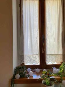 a window with white curtains and plants on a table at Aspa's Traditional House in Didyma