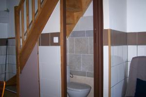 a small bathroom with a toilet and a staircase at petit gite in Rilly-sur-Loire