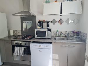 La cuisine est équipée d'un four micro-ondes, d'une cuisinière et d'un évier. dans l'établissement Studio Corniche, à La Ciotat