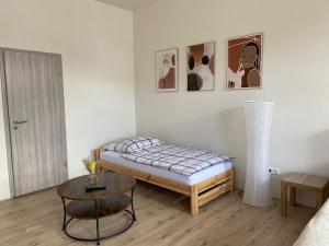 een slaapkamer met een bed en een tafel. bij Pension Eberhart in Treuen