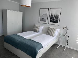 ein Schlafzimmer mit einem großen weißen Bett mit zwei Kissen in der Unterkunft APARTAMENT OŚ. JASNE 9C in Dzierżoniów
