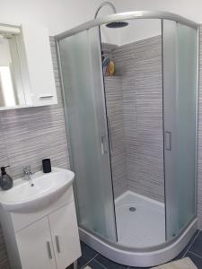 ein Bad mit einer Dusche und einem Waschbecken in der Unterkunft Apartman Kastelanic in Brbinj