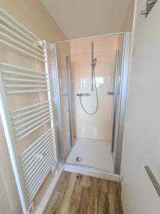 W łazience znajduje się prysznic ze szklanymi drzwiami. w obiekcie Haus Hobbingshof Greetsiel w mieście Greetsiel